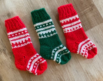 3 Mini Handknitted Christmas Stockings 8 inches - Stocking Ornament