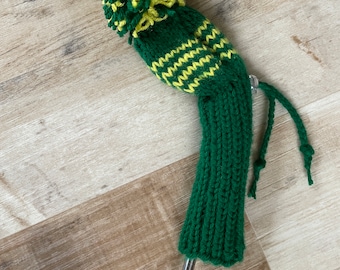 Knitted Golf Club Head Cover with Drawstring and Toggle Wedges Irons Hybrids  Green Yellow Stripe