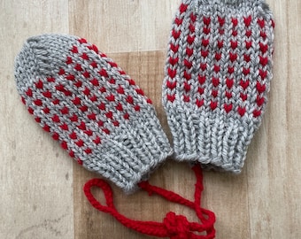 Baby Toddler Knitted Mittens on a String Toddler Gray and Red