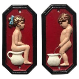 Set of 2 Vintage-Style Toilet Signs – Embossed Bathroom Door Plaques – Boy & Girl Design – Hand-Painted Metal – Restroom Door Decor