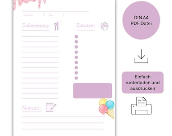 Recipe template for printing PDF digital recipe card digital download DIN A4 portrait format recipe card to fill out German cooking summer