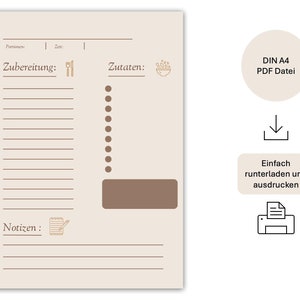 Modèle de recette à imprimer PDF Carte de recette numérique Téléchargement numérique DIN A4 Format portrait Carte de recette à remplir Cuisine allemande beige