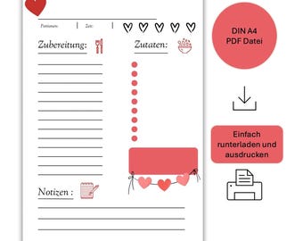 Recipe template to print PDF digital recipe card digital download DIN A4 portrait format recipe card to fill out cooking Valentine's Day DE