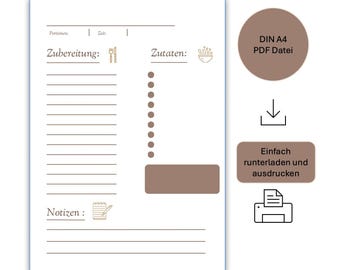 Recipe template for printing PDF digital recipe card digital download DIN A4 portrait format recipe card to fill out German cooking Coffee