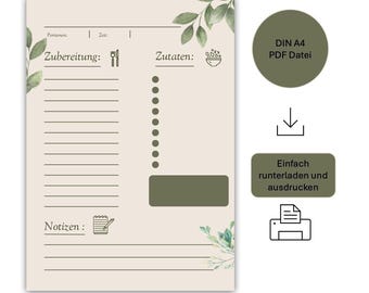 Recipe template for printing PDF digital recipe card digital download DIN A4 portrait format recipe card to fill out German cooking sheets