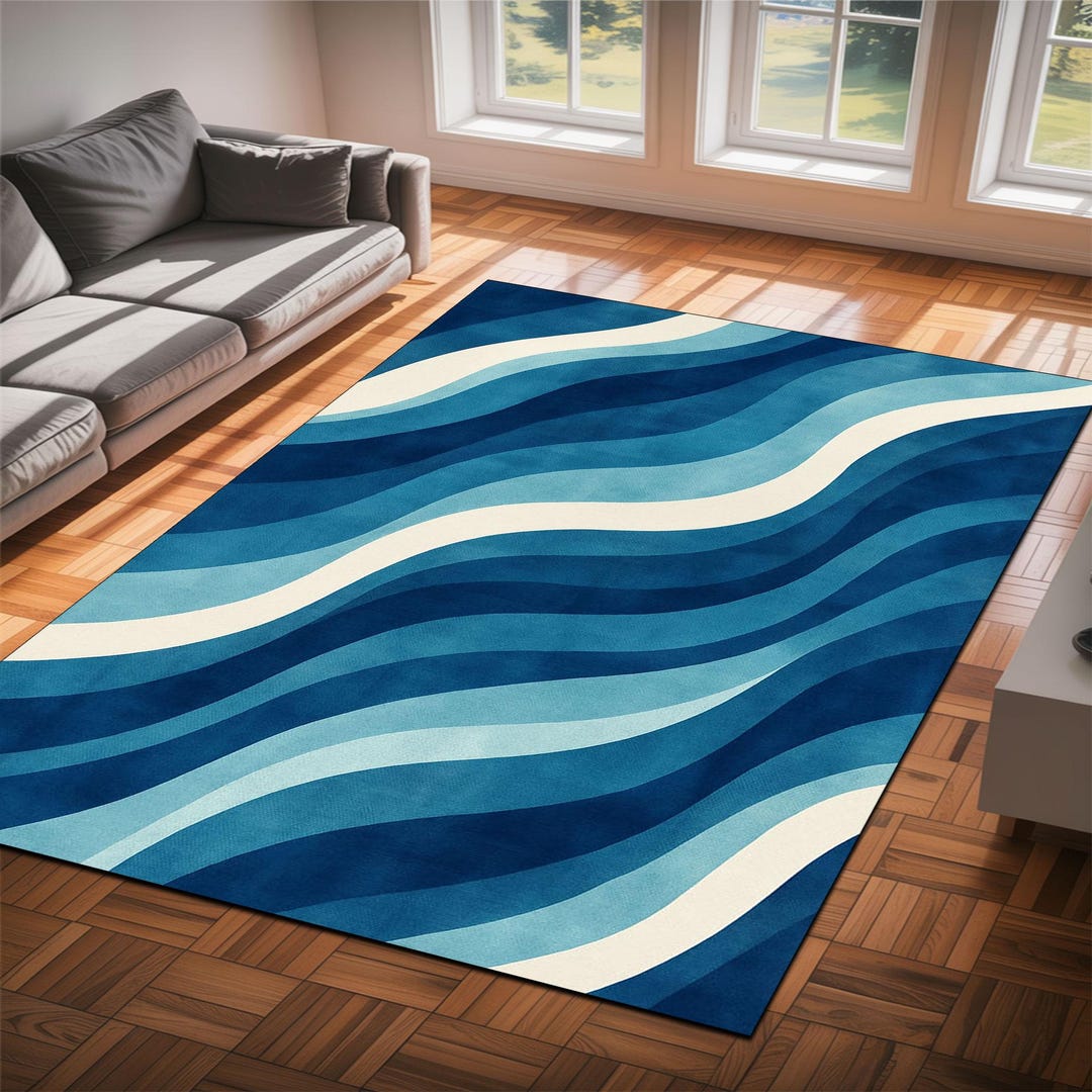 Retro Blue Waves Area Rug: Modern Coastal Nautical Decor - Etsy