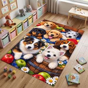 May include: A rectangular area rug featuring a colorful illustration of multiple puppies of various breeds, including a golden retriever, beagle, and west highland white terrier, interspersed with red and green apples and white daisy flowers.