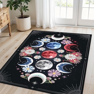 Moon Phases Floral Rug Celestial Design With Crescent Moons And Daisies, Mystic Boho Style Rug For Bedroom Or Spiritual Meditation Space