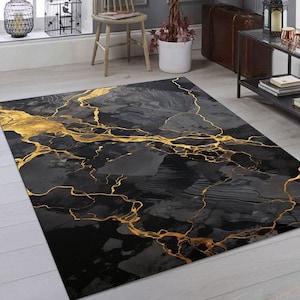 Luxury Black & Gold Marble Rug, Stylish Black Marble Rug, Chic Abstract Marble Rug, Modern Black - Gold Rug,Luxury Veined Floor Rug For Home