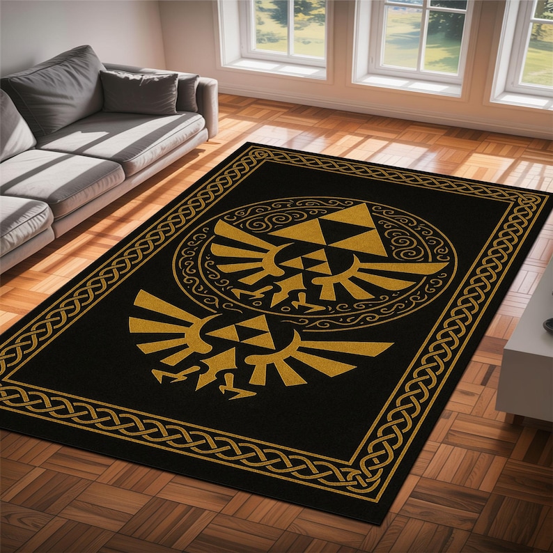 Zelda Rug: Triforce Hylian Crest Black Gold Carpet, Geek Gamer Decor - Etsy