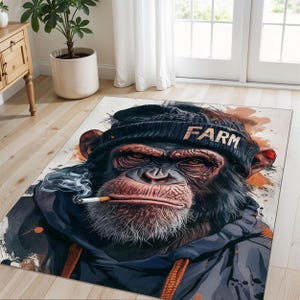Graffiti Monkey Rug With Beanie And Cigarette, Street Art Urban Design For Cool Interiors, Teen Rooms, Game Zones Decorations