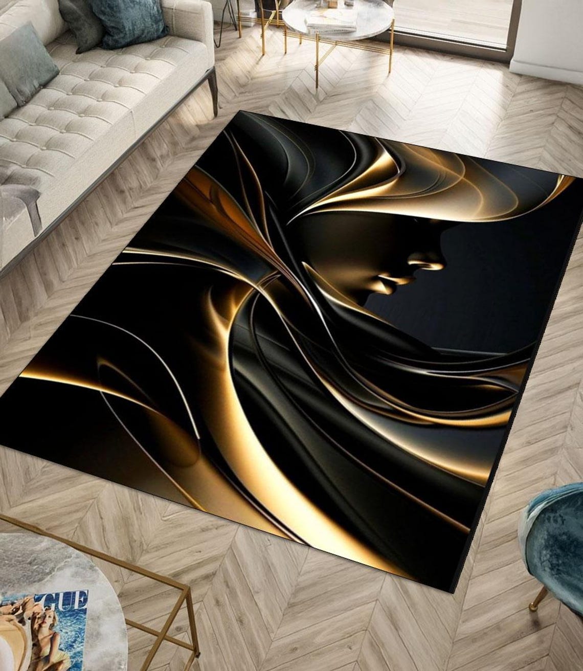 Black and Gold Abstract Area Rug: Modern Art Deco Carpet - Etsy