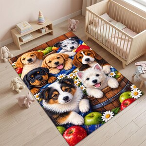 May include: A rectangular area rug featuring a colorful illustration of six puppies of various breeds, including a golden retriever, beagle, and rottweiler, nestled among red apples, green apples, and white daisy flowers on a wooden surface.