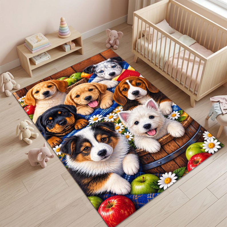 May include: A rectangular area rug featuring a colorful illustration of six puppies of various breeds, including a golden retriever, beagle, and rottweiler, nestled among red apples, green apples, and white daisy flowers on a wooden surface.