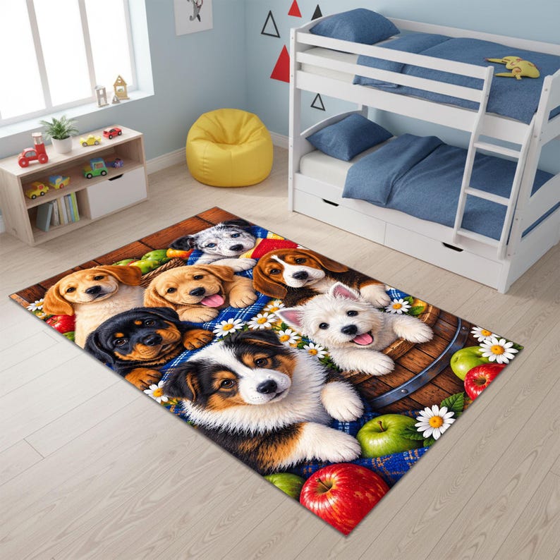 May include: A rectangular area rug featuring a vibrant graphic print of multiple puppies of various breeds, including a golden retriever, beagle, and West Highland white terrier, interspersed with red and green apples and white daisy flowers.