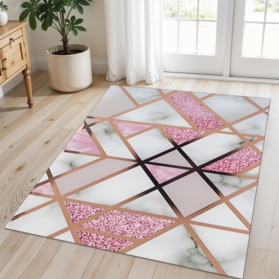 Blush Pink Marble Area Rug: Gold Geometric Glam, Modern Living Room - Etsy