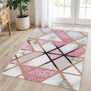 Blush Pink Geometric Glam Rug - Marble Gold Diamond Area Rug-Modern Glamorous Living Room Rug- Soft Abstract Art Rug for Bedroom or Entryway