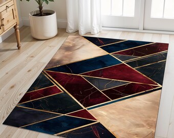 Art Deco Geometric Rug: Navy, Burgundy & Gold - Modern Elegant Style