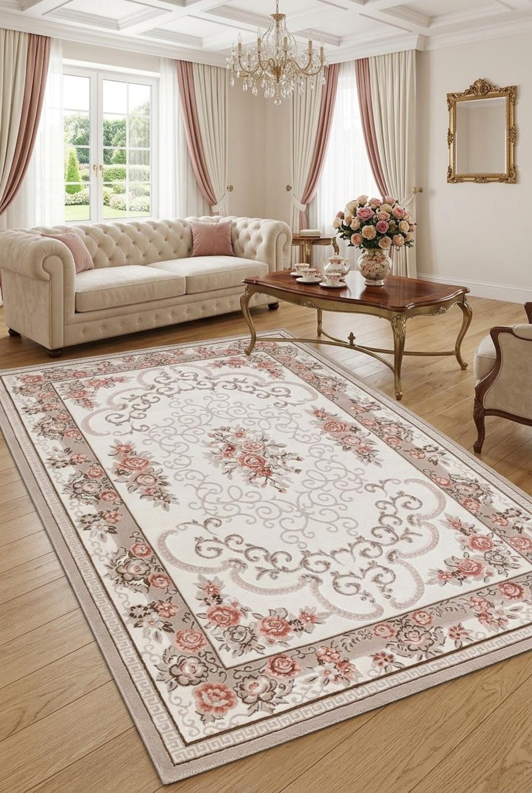 Vintage Floral French Country Rug, Elegant Rose Botanical Area Carpet ...