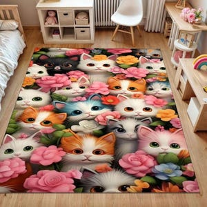 Adorable Cat Rug with Flowers – Colorful Cartoon Kitten Carpet for Kids Bedroom, Nursery, Playroom, Living Room and Whimsical Home Decor