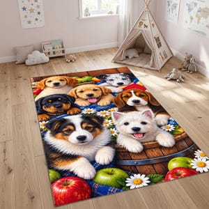 May include: A rectangular area rug featuring a colorful illustration of multiple puppies of various breeds, including a golden retriever, a beagle, and a rottweiler, interspersed with red apples, green apples, and white daisy flowers.