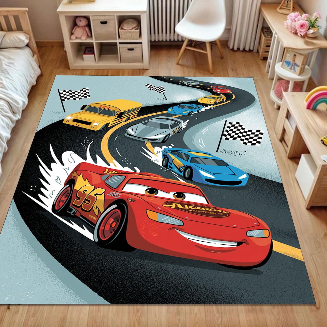 Lightning Mcqueen Race Track Carpet, Kids Cartoon Racing Playroom Rug ...
