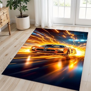 Electric Racing Car Rug–High-Speed Mercedes Style Sportcar with Lightning Blast in Orange and Blue for Kids Room,Gamer Area or Bold Interior