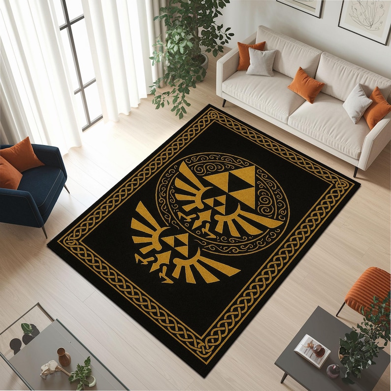 Rectangular Rug Emblem Zelda Rug: Triforce Hylian Crest Black Gold Carpet, Geek Gamer Decor - Etsy