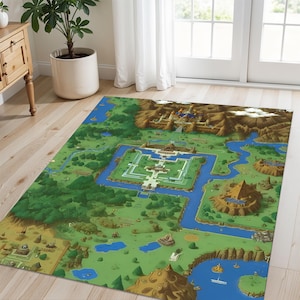 Dywan z mapą Hyrule inspirowany legendą Zeldy – z kultowym zamkiem, lasami, wulkanami, jeziorami i lochami – idealny do pokojów graczy