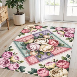 Blumenteppich Mit Pastell Rosenbouquet Und Polka Dots, Gemütlicher Vintage Teppich Für Romantische Interieurs, Schlafzimmer Oder Cottagecore Häuser