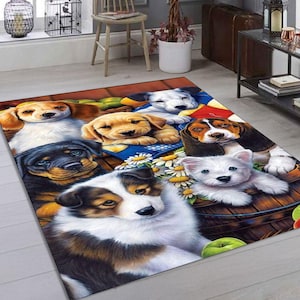 Entzückender Hündchen Teppich Mit Realistischem Stil, Niedlicher Korb Voller Hunde Teppich Für Kinderzimmer Oder Kinderzimmer, Warmer Tierliebhaber Bodendekor