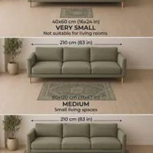 May include: A visual size comparison chart for rugs featuring a sage green sofa measuring 210 cm (83 in) wide. Three rug sizes are shown: 40x60 cm (16x24 in) labeled VERY SMALL, 80x120 cm (31x47 in) labeled MEDIUM, and 160x240 cm (63x94 in) labeled LARGE.