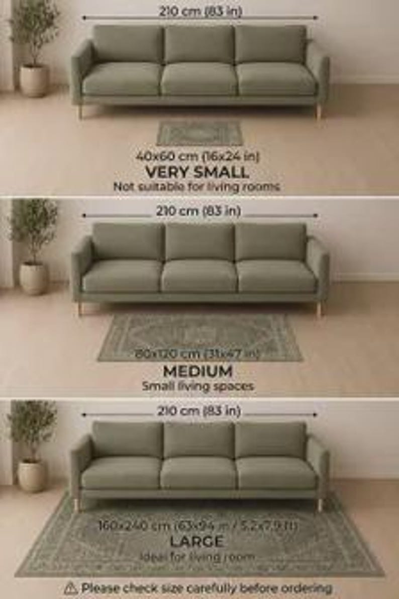 May include: A visual size comparison chart for rugs featuring a sage green sofa measuring 210 cm (83 in) wide. Three rug sizes are shown: 40x60 cm (16x24 in) labeled VERY SMALL, 80x120 cm (31x47 in) labeled MEDIUM, and 160x240 cm (63x94 in) labeled LARGE.