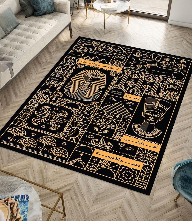 Ancient Egypt Rug: Black and Gold Hieroglyphic Art Carpet - Etsy Canada