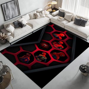 Spider-Man Hexagon Rug – Modern Superhero Rug Featuring Multiverse Spider Variants in Red Web Grid – Boys Room or Hero Themed Playroom Decor