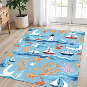 Kinderteppich mit Meeresmotiven, Segelbooten, Seesternen, Korallen und Vögeln - Kinderteppich im nautischen Vintage-Stil für Spielzimmer, Küstendekor oder Kleinkindteppich