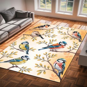 Colorful Birds & Branches Pattern Area Rug– Nature Inspired Decorative Rug for Living Room, Bedroom, or Office – Unique Gift for Bird Lovers