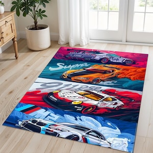 JDM Drift Racing Car Rug–GT-R,Supra,911 RSR and M2 Art Rug for Kids Room,Gamer Zone, Car Enthusiasts,Tuner Garage Decor,Motorsport Style Rug