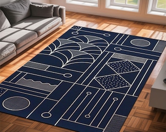 Art Deco Navy Blue Rug: Geometric Minimalist Line Pattern