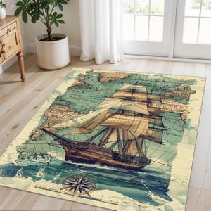 Tapis de voilier avec fond de carte du monde et boussole nautique, idéal pour les maisons en bord de mer, les amoureux de la mer, les bureaux et les intérieurs inspirés des voyages