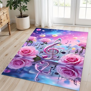 Alfombra musical caprichosa con rosas rosadas y notas musicales: una alfombra de ensueño en tonos pastel para habitaciones de niñas, rincones románticos o interiores inspirados en la música.