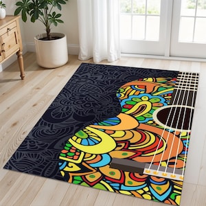 Alfombra colorida con temática musical, alfombra con arte de guitarra boho, alfombra de piso colorida inspirada en la música, alfombra decorativa con temática de músico.