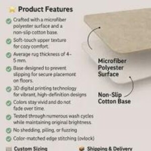 May include: A rug product feature graphic showing a beige microfiber polyester surface and a white non-slip cotton base. The text lists features including a 4-5 mm thickness, 3D digital printing, color-matched edge stitching, and wash durability.