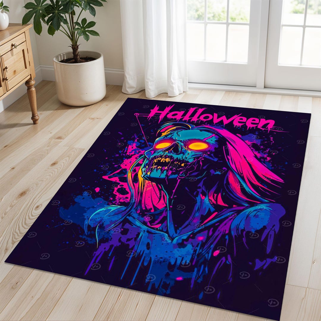 Cyperpunk Rug Cyberpunk Skull Halloween Rug: Neon Zombie Rave Decor - Etsy