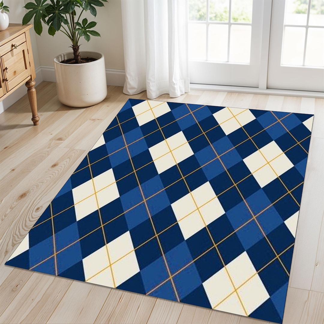 Navy Argyle Rug: Cream Diamond Grid With Gold Accents - Etsy