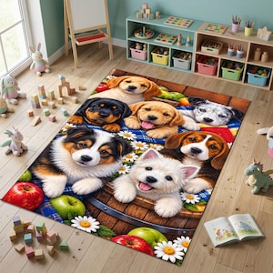 May include: A rectangular area rug featuring a colorful illustration of seven puppies of various breeds, including a golden retriever, a beagle, and a West Highland white terrier, surrounded by red and green apples and white daisy flowers.
