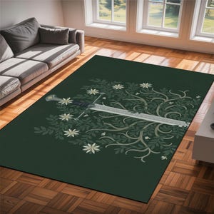 Tappeto medievale con spada e fiori - Tappeto Gothic Dark Academia, Arte con lame di guerrieri magici, Tappeto incantato ispirato al fantasy per un arredamento unico.