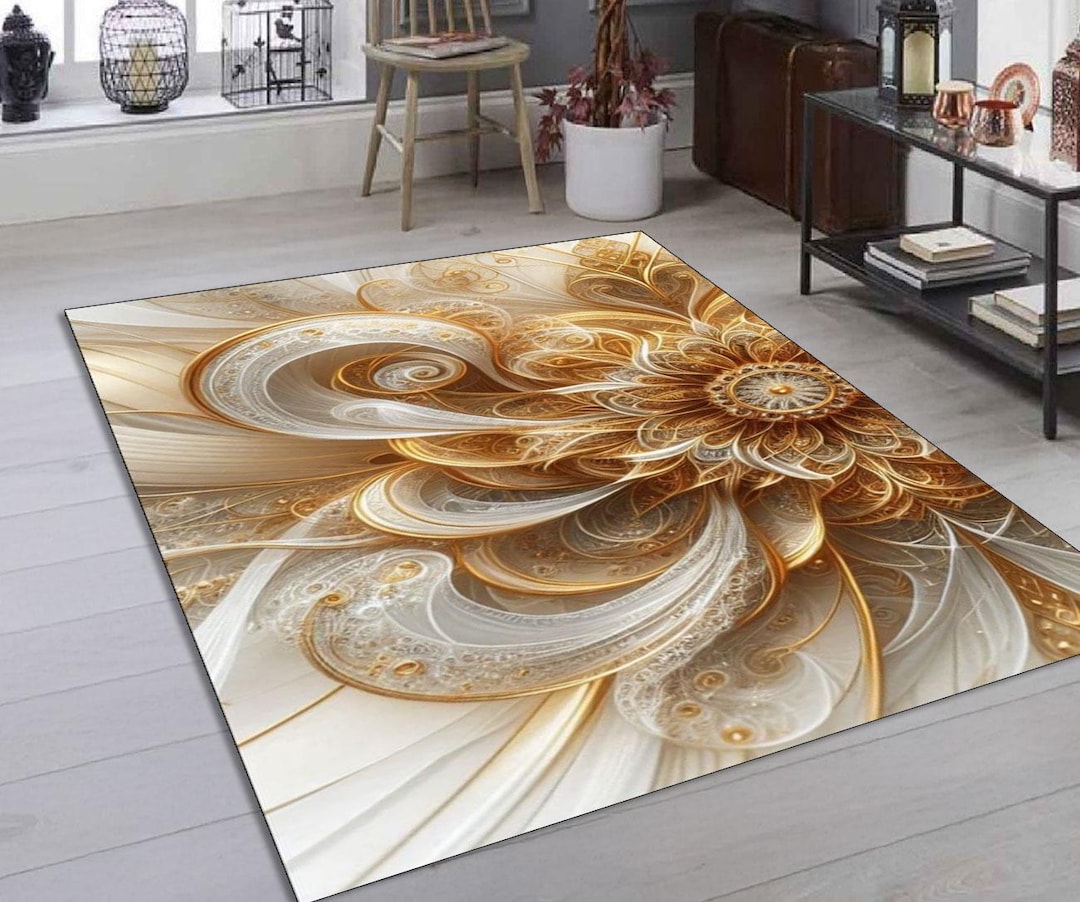 Fancy Gold Rug Opulent Golden Swirl Area Rug: Elegant White & Gold Floral Carpet - Etsy