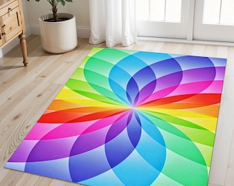 Rainbow Mandala Rug: Vibrant Petal Design for Yoga or Kids Room