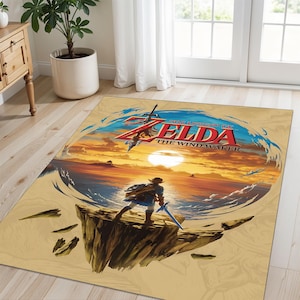 Fantasy Rug Featuring Sword-Wielding Hero Overlooking Ocean Sunset, Zelda Wind Waker Inspired Carpet For Gaming Room, Bedroom Or Fan Spaces